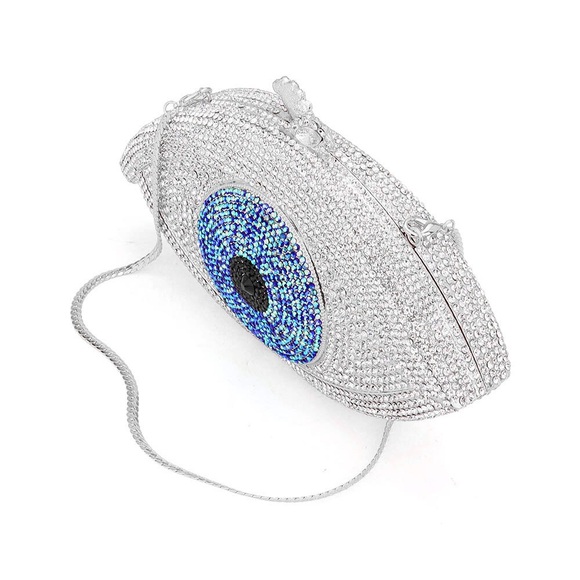 Silver & Blue Crystal Rhinestone Evil Eye Evening Clutch Bag